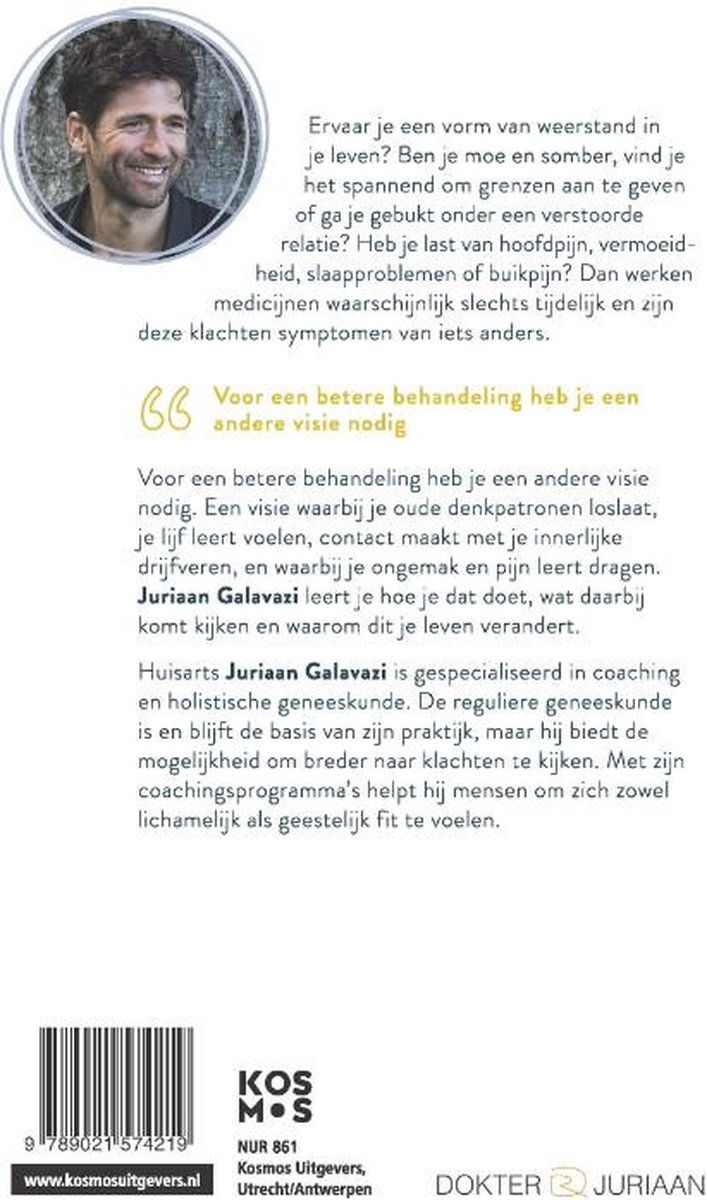 Achterkant boek 'Van klacht naar KANS'. Foto van Juriaan Galavazi. Tekst over de auteur en het boek.