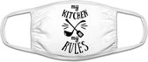 My kitchen, my rules mondkapje | keuken | koken | restaurant | grappig | gezichtsmasker | bescherming | bedrukt | logo | Wit mondmasker van katoen, uitwasbaar & herbruikbaar. Gesch