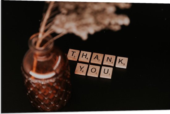 Dibond - Thank You Letters bij Plant - 90x60cm Foto op Aluminium (Met Ophangsysteem)