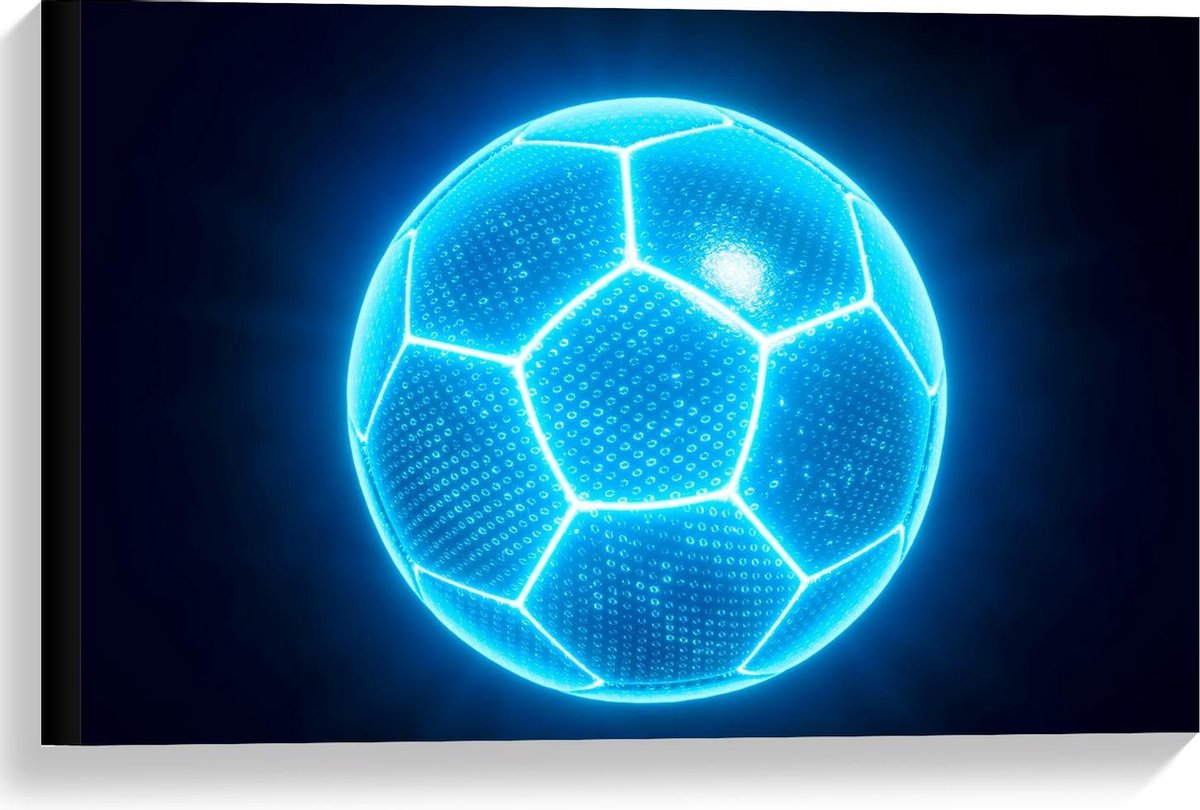 Canvas - Blauwe Neon Voetbal - 60x40cm Foto op Canvas Schilderij (Wanddecoratie op Canvas)