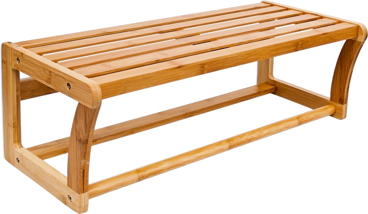Relaxdays towel rack with shelf, 6 hooks, bathroom & hallway, narrow, bamboo, HBD: 18 x 75 x 16 cm, wall coat rack, natural