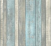 Hout behang Profhome 319932-GU vliesbehang glad met natuur patroon mat blauw grijs crèmewit 5,33 m2