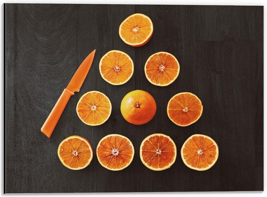 Dibond - Oranje Sinaasappelen en Mes - 40x30cm Foto op Aluminium (Met Ophangsysteem)