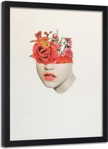 Foto in frame , Half vrouwen gezicht met Rode rozen ,70x100cm , wit beige , wanddecoratie