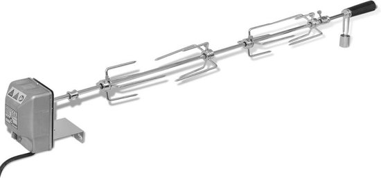 Grillspit met motor, 1000mm lang, met vier vleesvorken, en een zwart handvat.