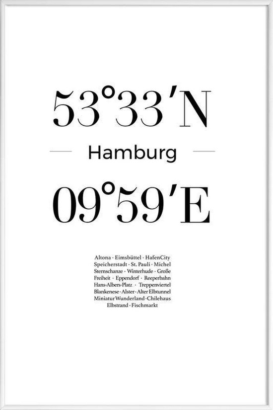 JUNIQE - Poster in kunststof lijst Coördinaten Hamburg -40x60 /Wit &