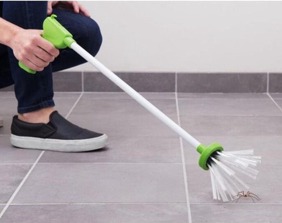 Een persoon vangt een spin met een groene spinnenvanger op een grijze tegelvloer.