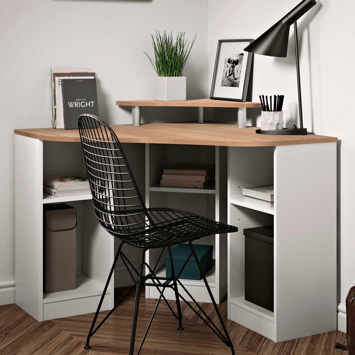 Hoekbureau met planken FIDUCIA - Kleur: wit en eiken L 94 cm x H 73 cm x D 94 cm