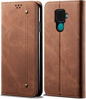 Voor huawei mate 30 lite denim textuur casual stijl horizontale flip lederen tas met houder en kaartsleuven en portemonnee (bruin)