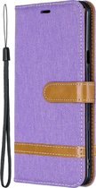 Kleuraanpassing Denim Texture Leather Case voor LG Stylo 5, met houder & kaartsleuven & portemonnee & lanyard (paars)