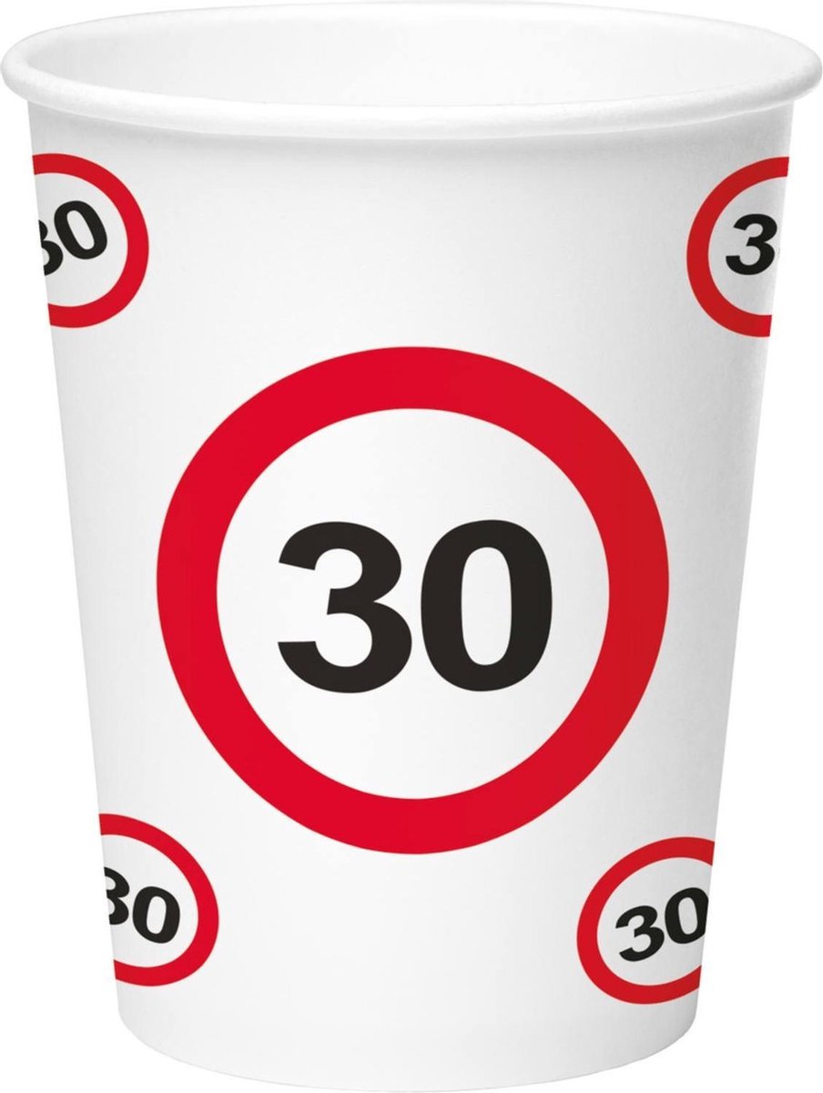 32x stuks drinkbekers van papier in 30 jaar verjaardag print van 350 ml - Stopbord/verkeersbord thema