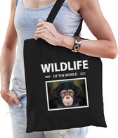 Dieren aap foto tas katoen volw + kind zwart - wildlife of the world - kado boodschappentas/ gymtas / sporttas - Chimpansee apen
