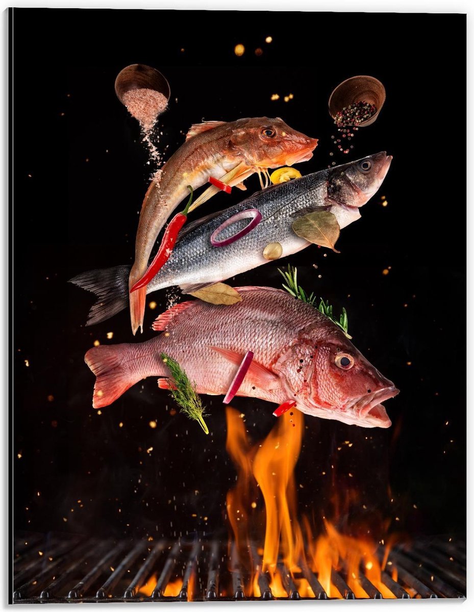 Dibond - Vissen met Specerijen op de BBQ - 30x40cm Foto op Aluminium (Wanddecoratie van me