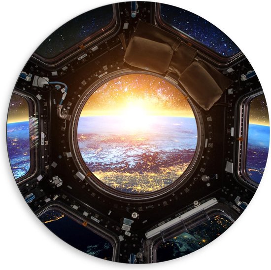 Dibond Wandcirkel - Vanuit Ruimteschip Kijken naar Aarde - 80x80cm Foto op Aluminium Wandcirkel (met ophangsysteem)