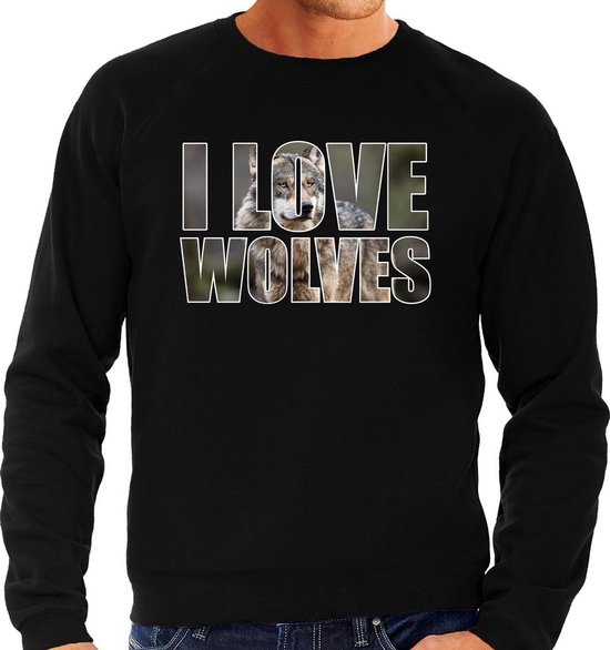 Tekst sweater I love wolves met dieren foto van een wolf zwart voor heren - cadeau trui wolven liefhebber XL