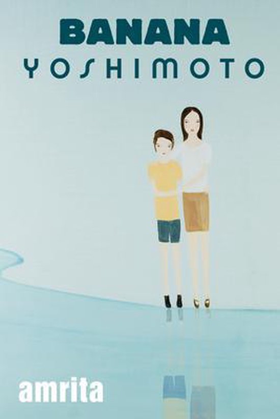Boekcover van Amrita van Banana Yoshimoto, met een illustratie van een vrouw en een jongen die naast elkaar staan met een lichtblauwe achtergrond.