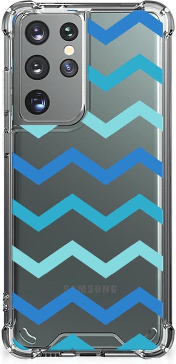 Samsung Galaxy S21 Ultra Doorzichtige Silicone Hoesje Zigzag Blauw