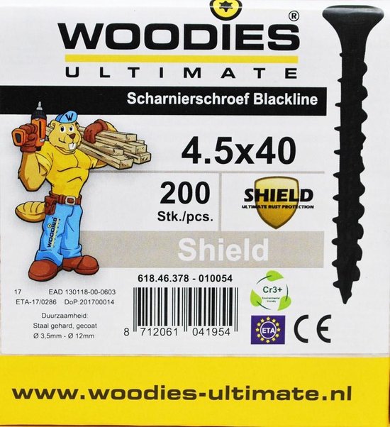 Woodies Ultimate scharnierschroef 4,5x40 - platkop - T20 - shield - zwart - 61846378 (Per 200 stuks) - Woodies