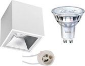 Opbouwspot Set - Pragmi Cliron Pro - GU10 Fitting - Opbouw Vierkant - Mat Wit/Zilver - Verdiept - 90mm - Philips - SceneSwitch 827 36D - 1.5W-5W - Warm Wit 2200K-2700K - Dimbaar - BES LED