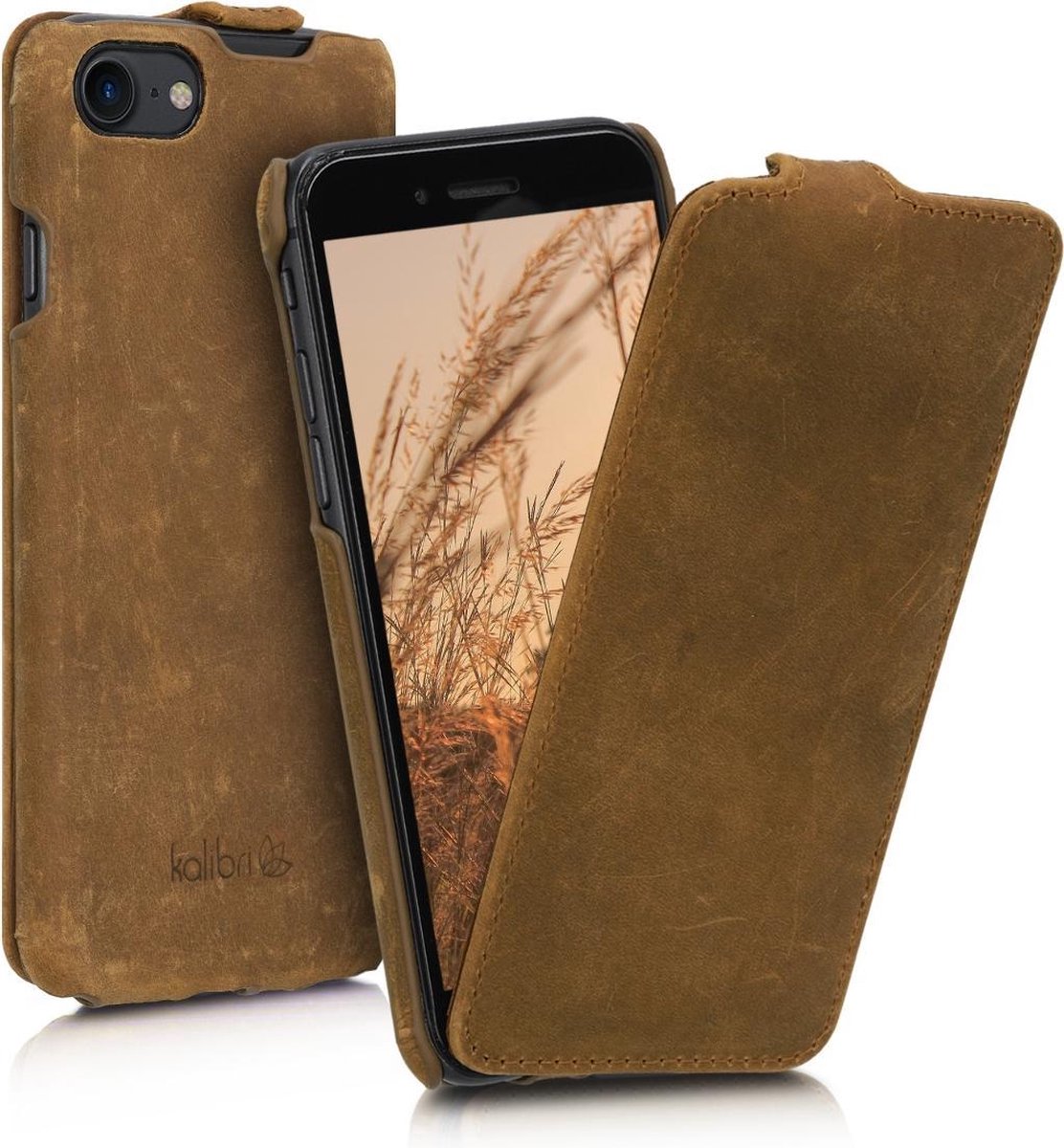 kalibri flip cover voor Apple iPhone SE (2022) / SE (2020) / 8 / 7 - ultradunne leren hoes voor smartphone - bruin