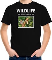 Dieren foto t-shirt Giraf - zwart - kinderen - wildlife of the world - cadeau shirt Giraffen liefhebber - kinderkleding / kleding 134/140