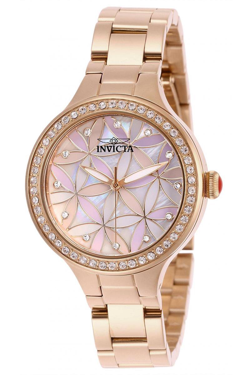 Invicta Wildflower 28824 Dames Horloge - Waterdicht - Analoog - Quartz Uurwerk - Roestvrij Staal met roze Wijzerplaat - 34mm