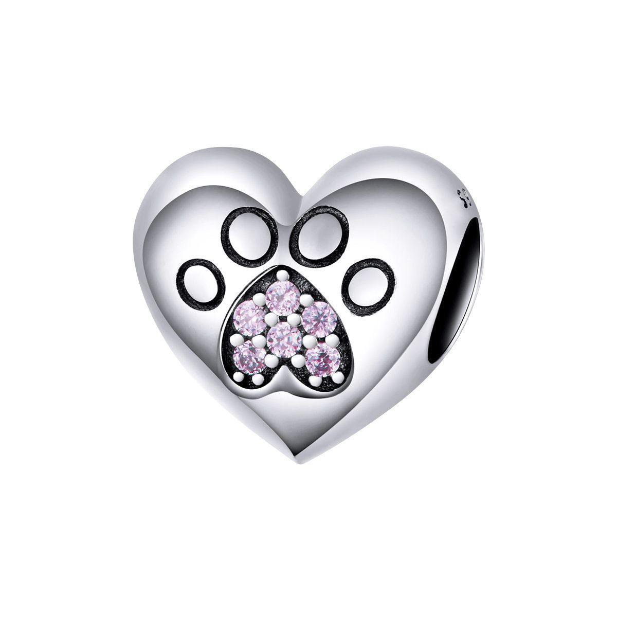 Hart Poot roze zirkonia bedel | heart dog paw pink zirconia bead | Zilverana | geschikt voor Biagi , Pandora , Trollbeads armband | 925 zilver