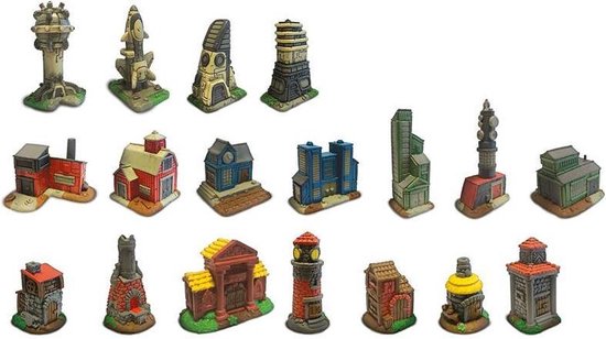Twaalf unieke miniatuurgebouwen, waaronder een fabriek, boerderij, vuurtoren en moderne gebouwen.