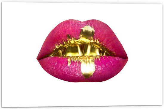 Forex - Gouden Verf op Roze Lip - 60x40cm Foto op Forex