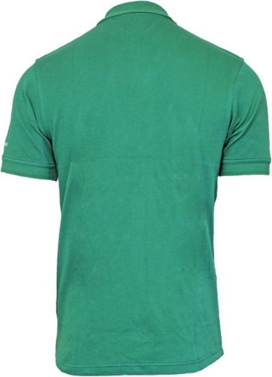 Achterkant van een groene Donnay poloshirt met korte mouwen. Het shirt heeft een kraag en een knoopsluiting.