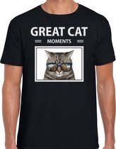 Dieren foto t-shirt grijze kat - zwart - heren - great cat moments - cadeau shirt katten liefhebber S