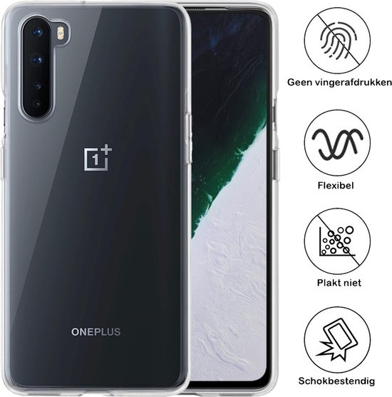 Transparante OnePlus Nord hoes, flexibel, schokbestendig en anti-vingerafdruk. "Geen vingerafdrukken", "Flexibel", "Plakt niet", "Schokbestendig".
