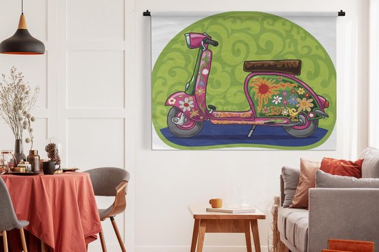 Tapisserie illustration Vespa - Illustration d'un scooter Vespa avec des fleurs Tapisserie coton 180x135 cm - Tapisserie avec photo