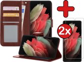 Samsung S21 Ultra Hoesje Book Case Met 2x Screenprotector - Samsung Galaxy S21 Ultra Hoesje Wallet Case Portemonnee Hoes Cover - Bruin