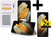 Samsung S21 Ultra Hoesje Book Case Met 2x Screenprotector - Samsung Galaxy S21 Ultra Case Wallet Hoesje Met 2x Screenprotector - Wit
