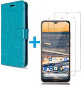 Bookcase Geschikt voor: Nokia 5.3 - Turquoise - portemonnee hoesje met 2 stuks Glas Screen protector