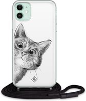 iPhone 11 hoesje met koord - Kiekeboe kat | Apple iPhone 11 crossbody case | Zwart, Transparant | Geen opdruk