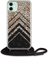 iPhone 11 hoesje met koord - Chevron luipaard | Apple iPhone 11 crossbody case | Zwart, Transparant | Luipaardprint