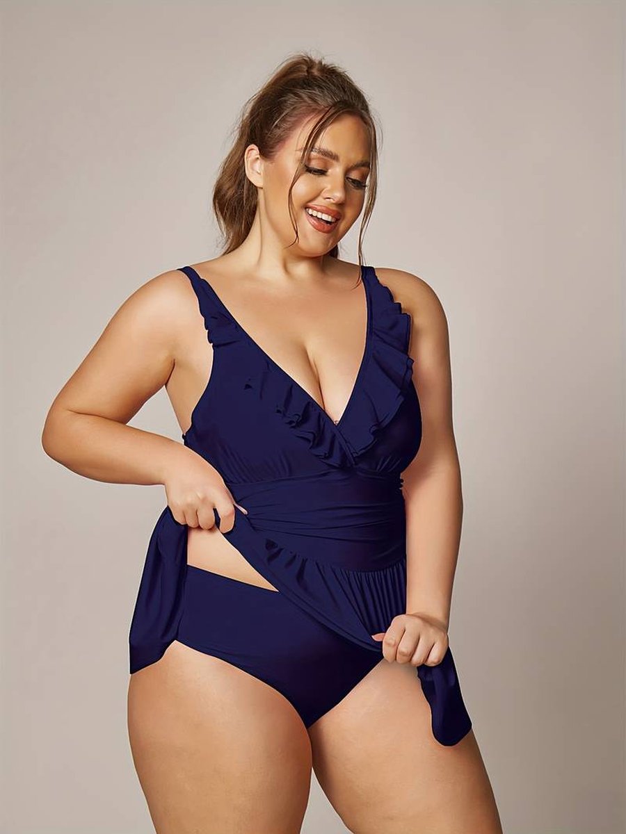 Elegante tankini set - Plus size effen kleur ruches aan de hals badpak - 2 delige tankini dames badmode - zwempal bikini strandkleding 002 - Navy — afbeelding 4