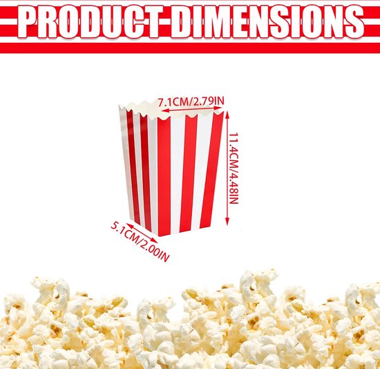 Rood-wit gestreept popcorn bakje met afmetingen 7.1x5.1x11.4 cm.