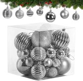 36 stuks zilveren kerstballen, kunststof ornamenten, 3 maten, in 6 stijlen, met matte en glitterafwerking en koord om op te hangen, voor kerstboomversiering en kerstdecoratie