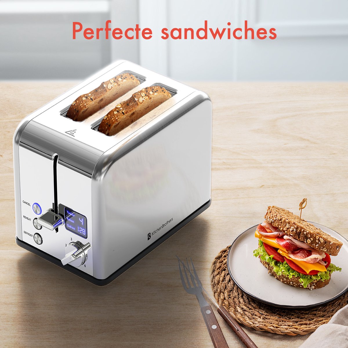KitchenBrothers Broodrooster - Toaster - 6 Warmteniveaus - 2 Extra Brede Sleuven - BPA-vrij - 815W - RVS/Zilver thumbnail 2