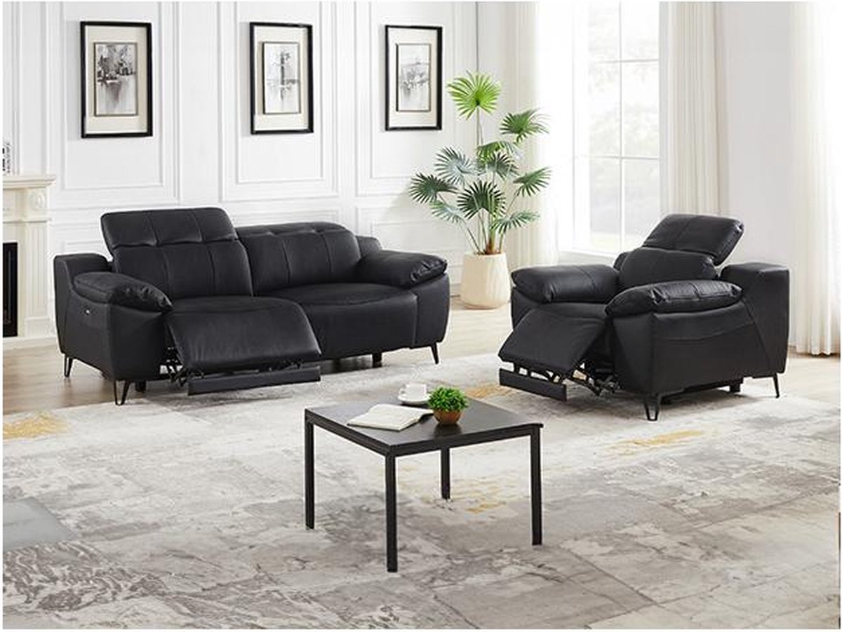Elektrische relax-driezitsbank en -fauteuil van zwart leer ROVETO L 209 ...