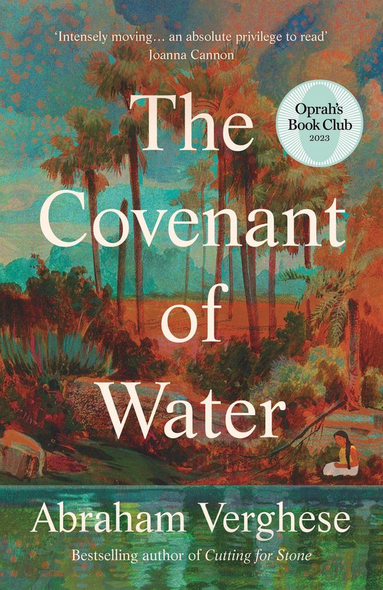 Boekcover: 'The Covenant of Water' met palmbomen en een abstracte achtergrond. Oprah's Book Club 2023.