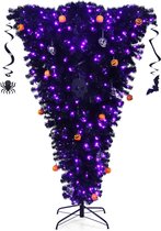 Sapin de Noël LED 180 cm avec 270 lumières violettes, tête de sapin artificiel, sapin décoratif pour Halloween et Noël, sapin artificiel avec décorations, système de pliage et support en métal, noir