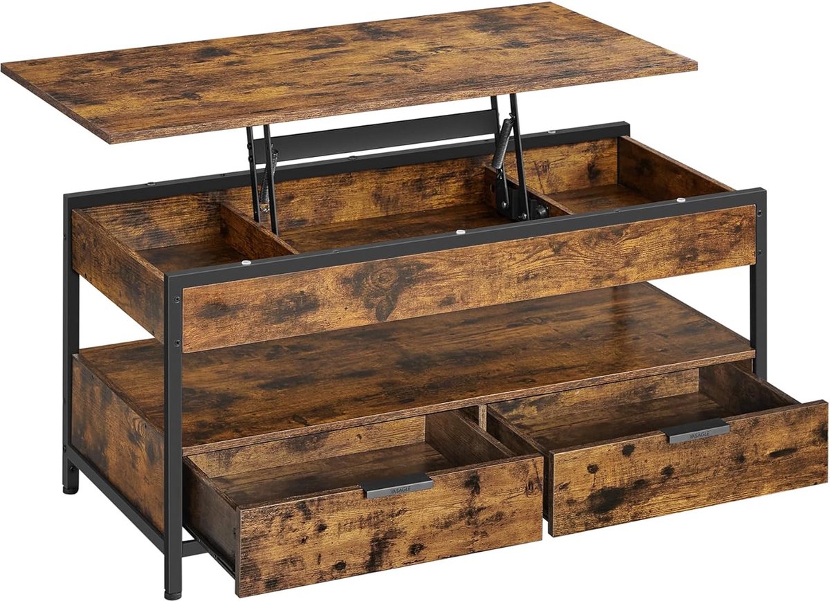 Salontafel - Woonkamertafel - Met opklapbaar dienblad - 2 opbergladen - Bruin