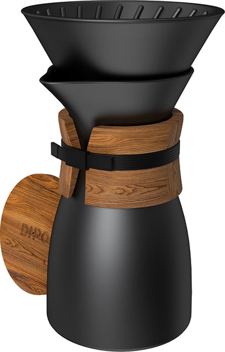 DHPO Pour Over - Aurora 600ML - Zwart - H18 x Ø10 - Hooggebakken Keramiek - Dubbelwandig - Verse Koffiemaker - Cafetiere - Percolator - Koffiefilter - Met Lederen Sleeve - Zet 3 kopjes verse koffie