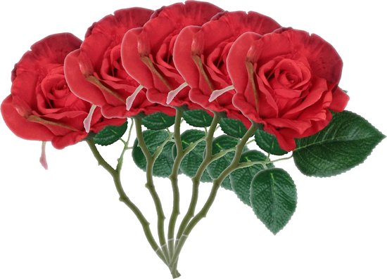 Mica Decorations Kunstbloem roos Emy - 5x - rood - 31 cm - kunststof steel - bloemen
