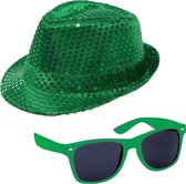 Carnaval verkleed set compleet - hoedje en zonnebril - groen - heren/dames - glimmend - verkleedkleding