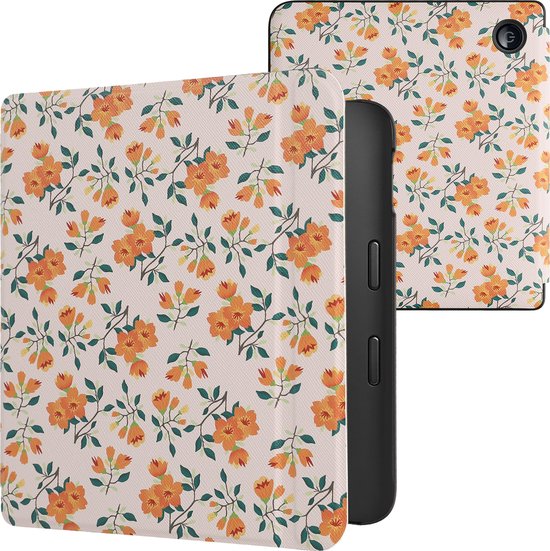 kwmobile hoes geschikt voor Kobo Libra 2 - Magnetische sluiting - E reader cover in geel / groen / beige - Gele bloemen design